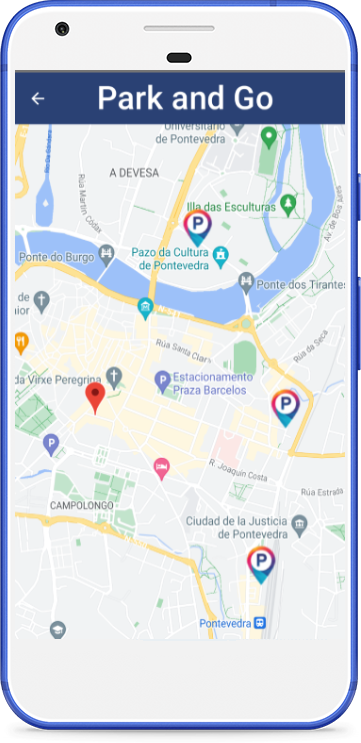 Captura de la app Park and Go mostrando aparcamientos libres